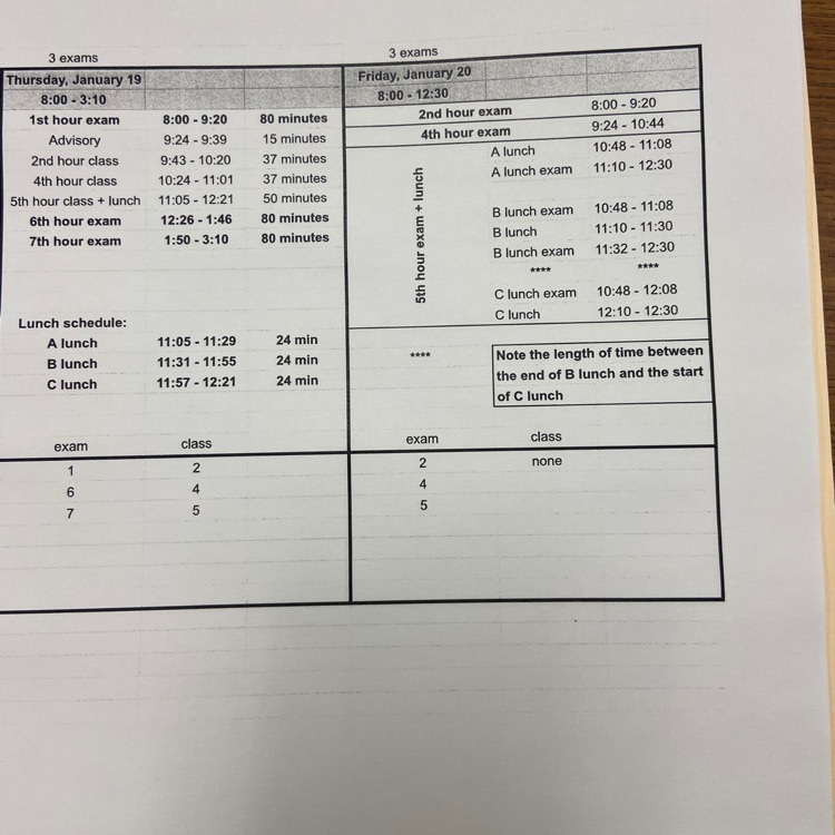 updated final exam schedule 